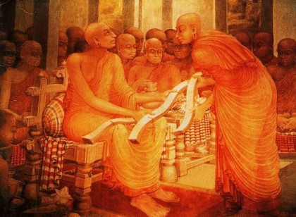 Buddhaghosa presents his Visuddhimagga (P?li: Path of Purification), a comprehensive manual of Theravada Buddhism that is still read and studied today:  a panel of the murals at Kelaniya Temple, Colombo, Sri Lanka